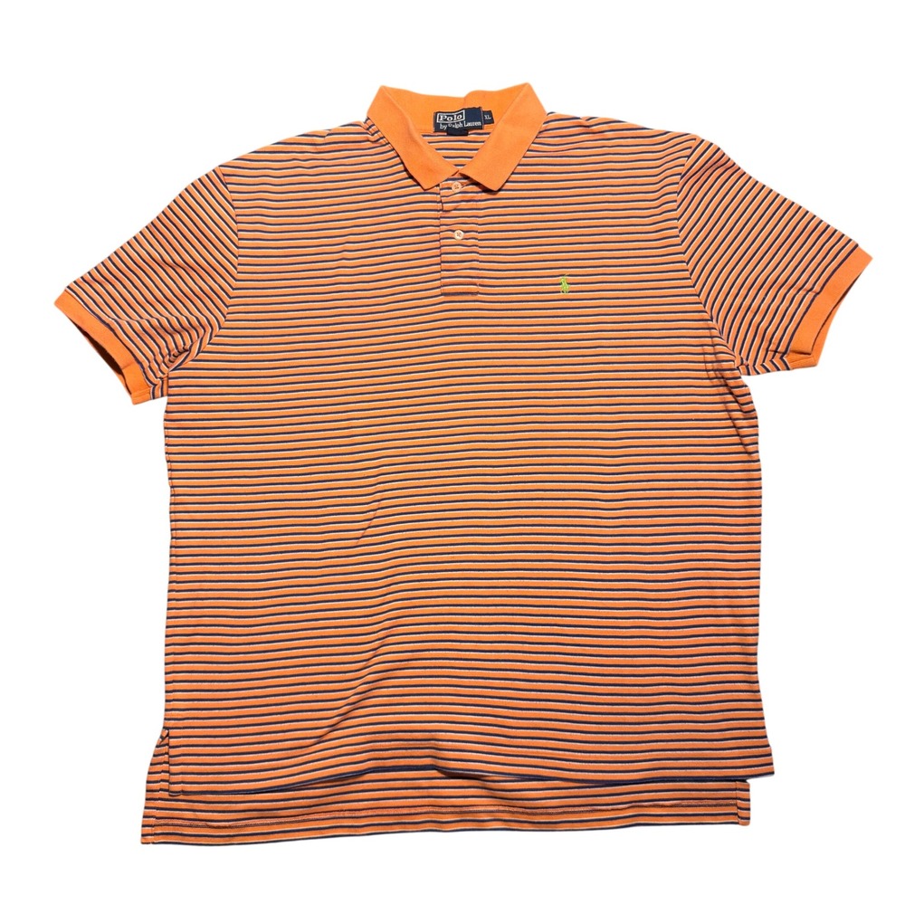 Polo Ralph Lauren Mens XL Orange Navy Blue Striped Short Sleeve Polo Shirt
